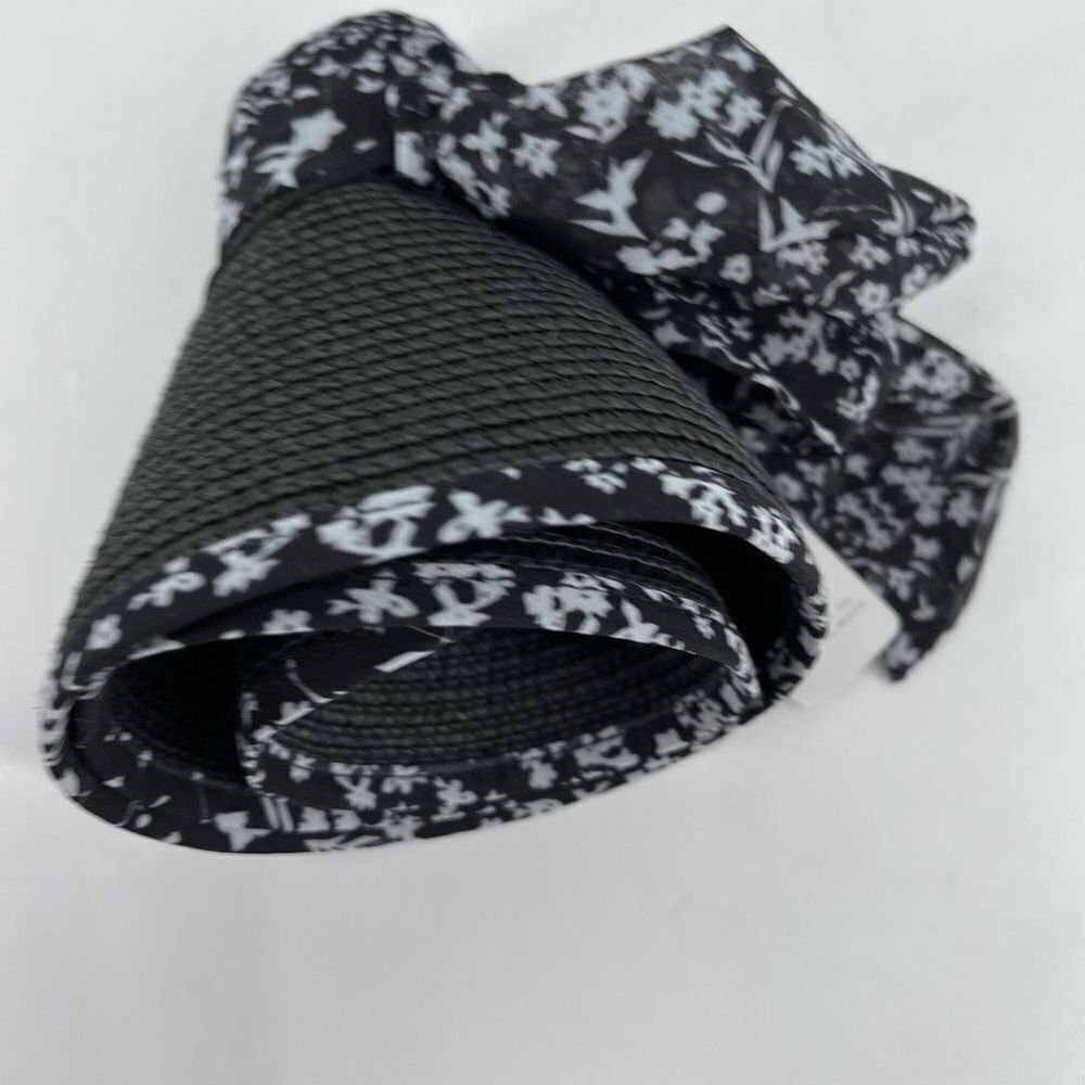 Laundry By Design Packable Wide Brim Visor Hat Black Floral Trim Travel NWT